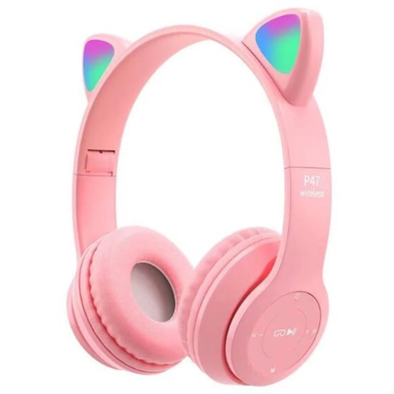 Fone de Ouvido Bluetooth Orelha de Gato P47M – LED RGB, Som Potente e Design Encantador