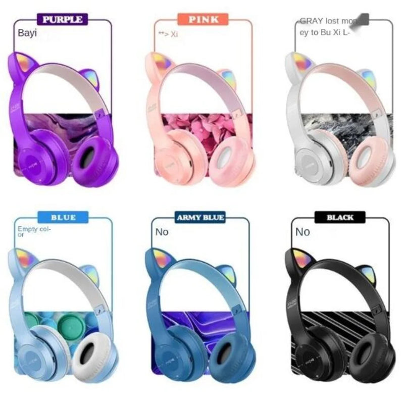 Fone de Ouvido Bluetooth Orelha de Gato P47M – LED RGB, Som Potente e Design Encantador