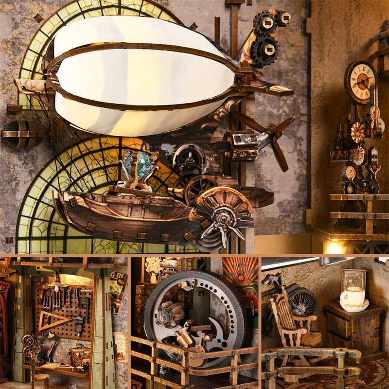 Kit Livro-Cenário “Dirigível Steampunk” – Mini Mundo em Madeira 3D | Faça você mesmo