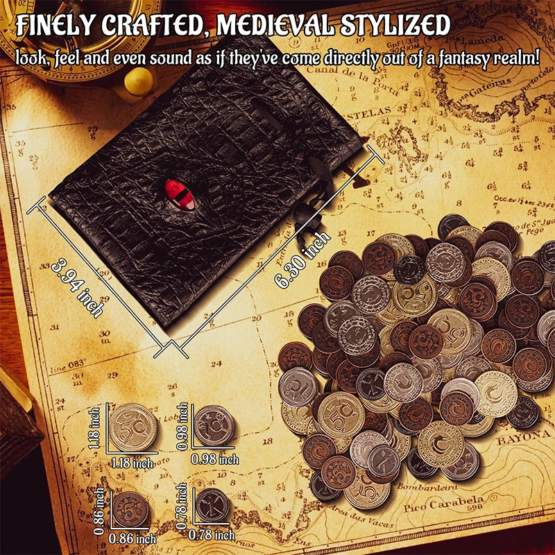 Conjunto de 60 Moedas Metálicas com Bolsa de Couro de Olho de Dragão