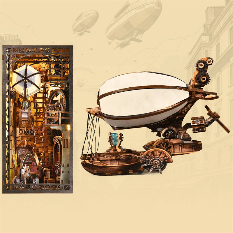 Kit Livro-Cenário “Dirigível Steampunk” – Mini Mundo em Madeira 3D | Faça você mesmo