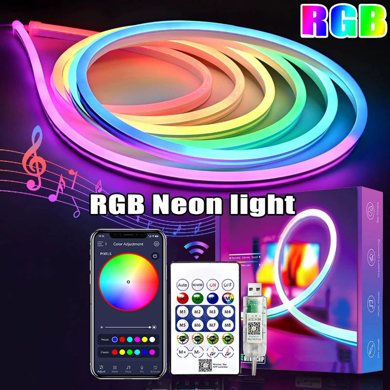 Fita LED Neon RGB 5V – USB, Bluetooth + Controle Remoto (1M / 2M / 3M / 5M)