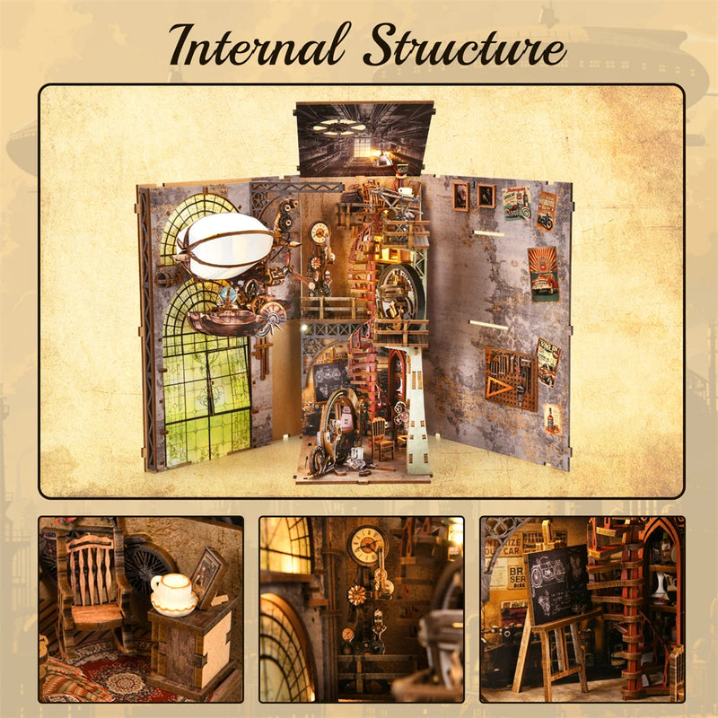 Kit Livro-Cenário “Dirigível Steampunk” – Mini Mundo em Madeira 3D | Faça você mesmo