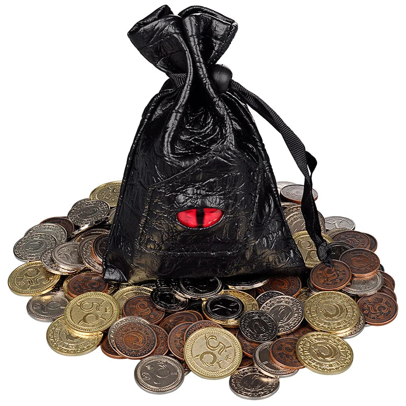Conjunto de 60 Moedas Metálicas com Bolsa de Couro de Olho de Dragão