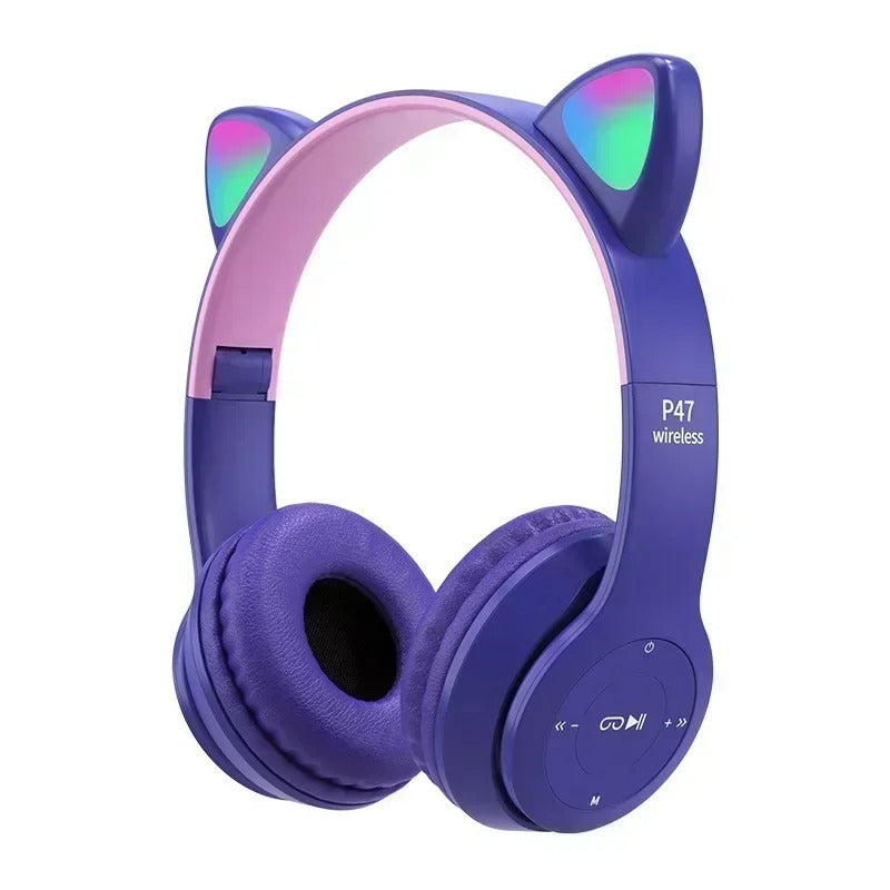 Fone de Ouvido Bluetooth Orelha de Gato P47M – LED RGB, Som Potente e Design Encantador